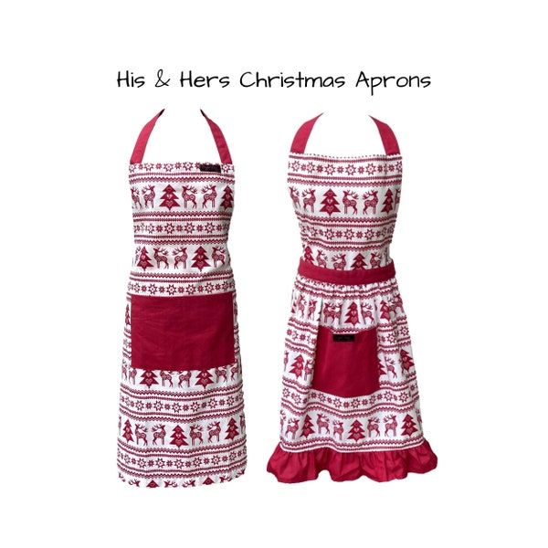 Christmas Apron, Matching Aprons, Holiday Apron, Xmas Couple Aprons, Apron For Women, Apron For Men, Festive Aprons, Aprons With Pockets