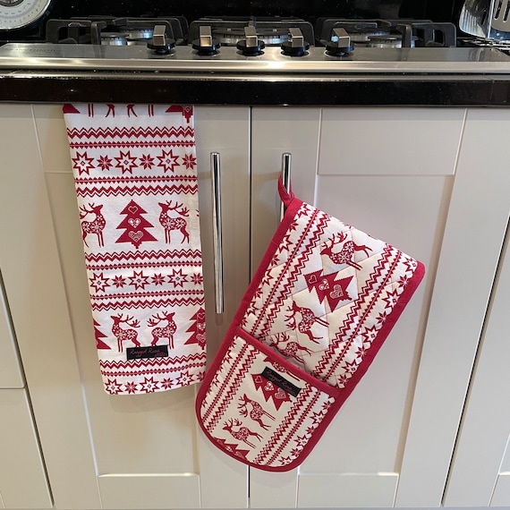 Set Of 2 Christmas Tea Towels, Christmas Tea Towel,Christmas Oven Gloves, Nordic Tea Towels, Xmas Tea Towels, Holiday Gift,Xmas Oven Gloves