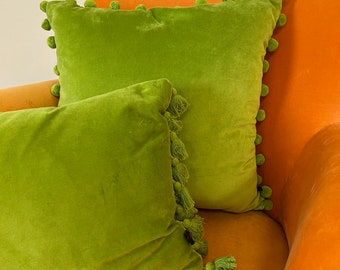Velvet Cushion, Teal Cushion, Pom Pom Cushion, Blue Velvet Cushion