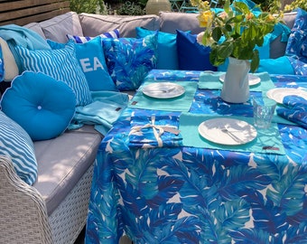 Hawaiian Tablecloth Rectangle, Outside Tablecloth, Extra Large Cotton Tablecloth, Turquoise Blue Palms Tablecloth, Garden Patio Table Cover