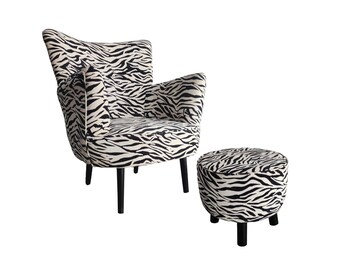 Black And White Armchair And Foot Stool Set Accent Chair Zebra Print Animal Print Stool Living Room Furniture Eclectic Velvet Armchair
