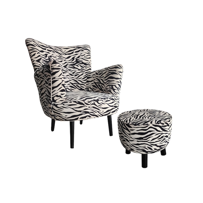 May include: A black and white zebra print armchair with black legs and a matching zebra print ottoman with black legs.