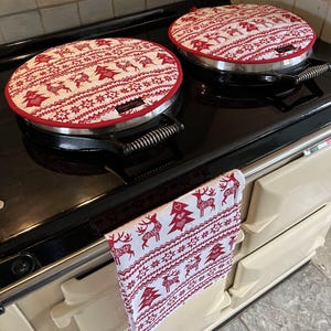 Rode Aga-kookplaathoezen, rode kerst Aga-matten set van 2, Aga-kookplaatkussens, afstandswarmers, keukenaccessoires, keukencadeau, Scandinavische kookplaathoezen