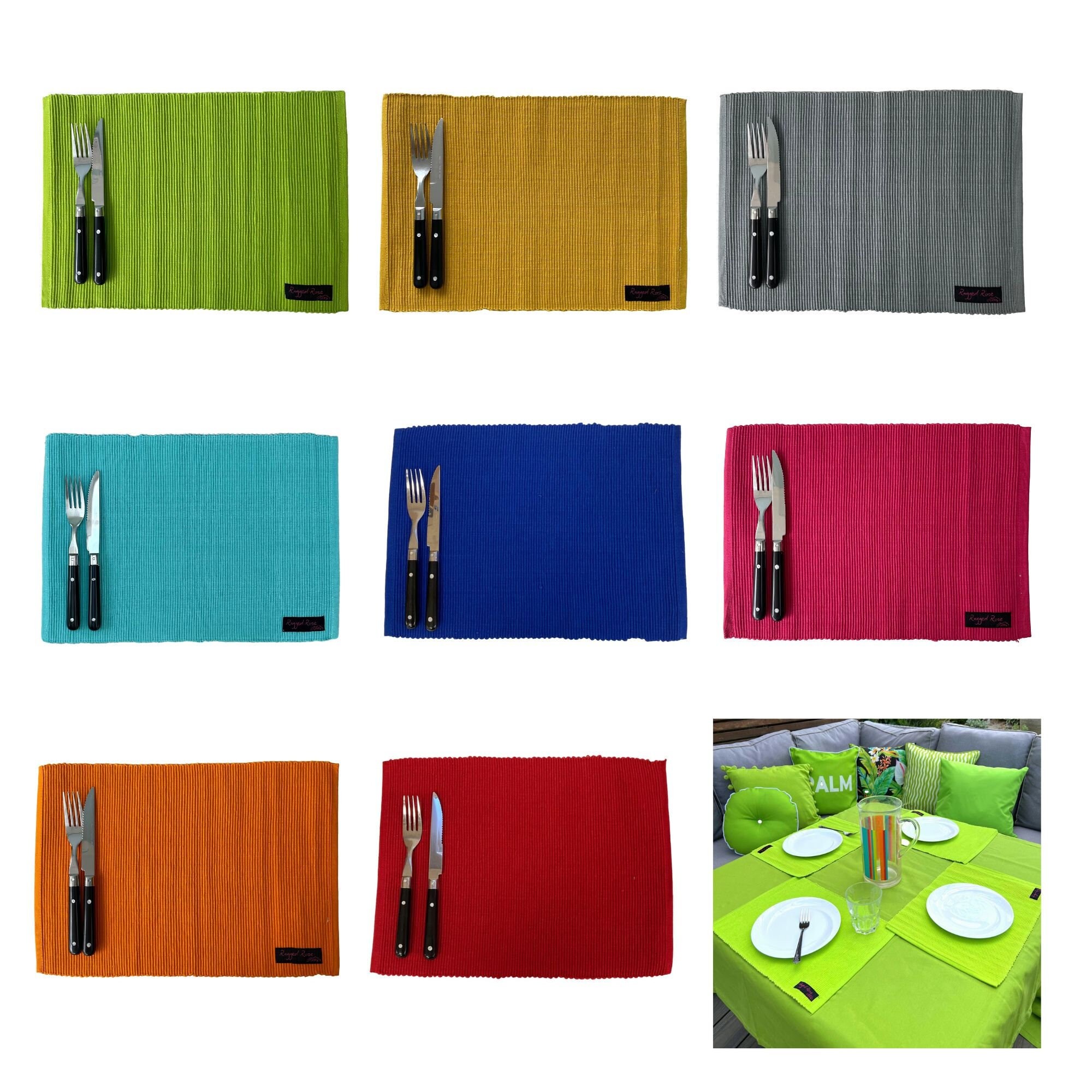 Tischsets Set Aus 4 Gerippten Baumwolle Tischsets - Tischsets Für Esstisch In Verschiedenen Farben - Stoff Tischsets In Orange Grün Rosa Gelb