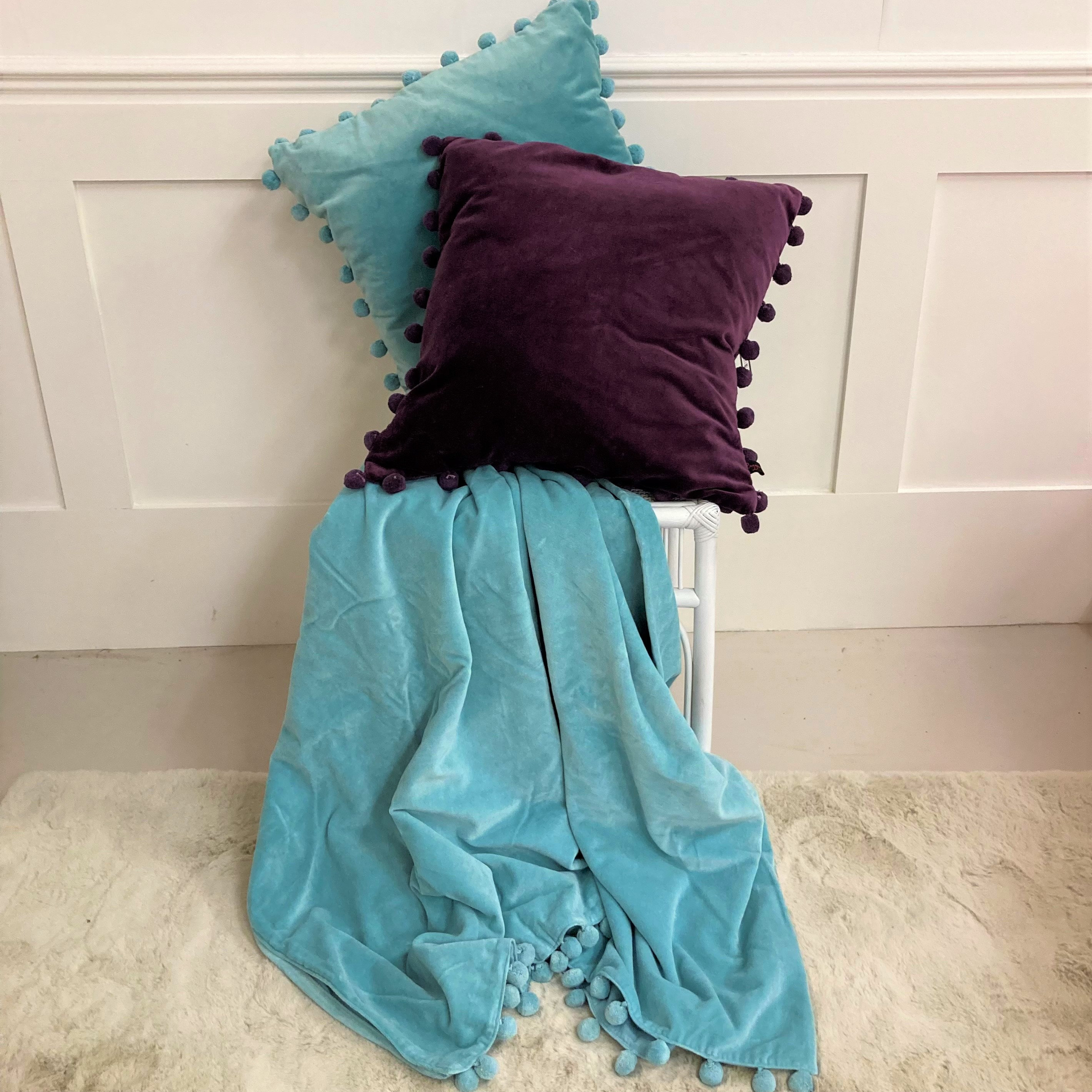 Duck Egg Blue Velvet Throw Velvet Blanket Pom Pom Throw by Raggedroseltd Etsy
