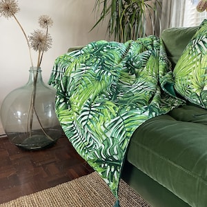 Boho Green Velvet Throw, Bedspread, Botanical Print Blanket, Jungle Throw, Garden Velvet Throw, Botanical Print Throw, Sofa Throw, Boho Home