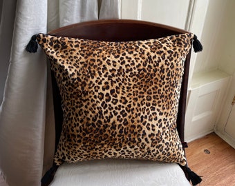 Leopard Print Velvet Cushion, Black Cotton Tassels, Animal Print Decor