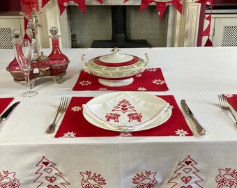 Christmas Red Embroidered Tablecloth, Reindeer Table Cloth, Festive Tablelinen ,Xmas Home Decor,