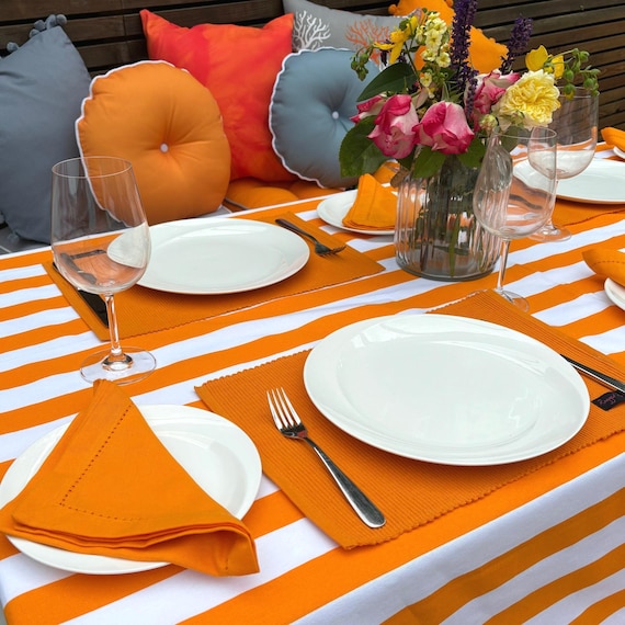Orange Striped Cotton Tablecloth, Water Repellent Outdoor Table
