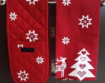 Christmas Oven Gloves, Double Oven Gloves, Festive Oven Gloves, Double Oven Mitt, Red Oven Gloves, Grey Oven Gloves, Christmas Tea Towels,