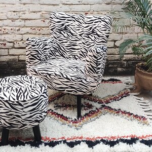 Zebra Footstool, Zebra Print Velvet Armchair, Black and White Accent Chair, image 10