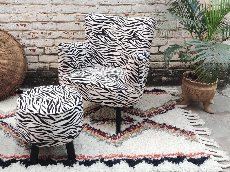 Zebra Footstool, Zebra Print Velvet Armchair, Black and White Accent Chair, image 10