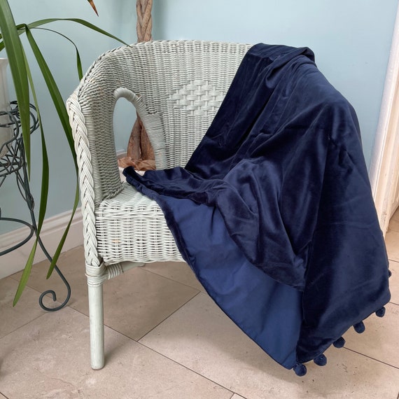 Luxury Velvet Throw, Blue Sofa Throw, Grey Bedroom Throws, Blue Velvet Blankets, Pompom Velvet Throws, Luxury Home Gift,