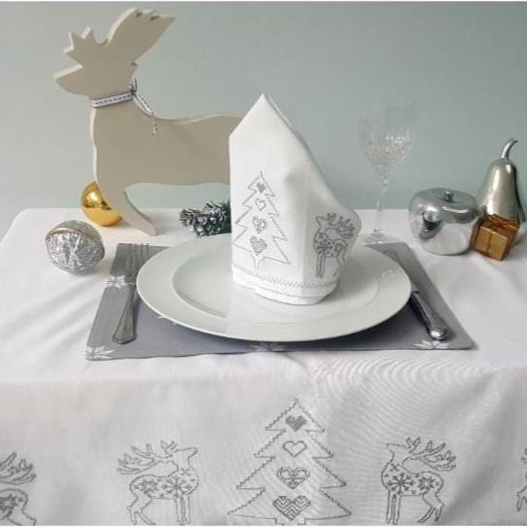 Grande Nappe Vintage Maison Noel Paris Brodée Argent + 12 Serviettes Rectangulaire Coton