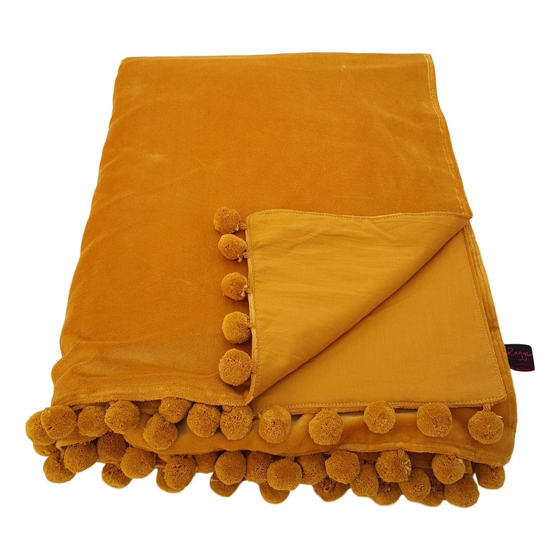 Velvet Throw With Pom Pom Trim Mustard Velvet Throw Rust Etsy