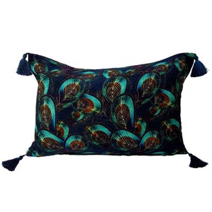 Peacock Cushion, Velvet Cushion, Peacock Pillow, Velvet Peacock Cushion, Feather Cushion, Tassel Cushion, Floral Patio Cushion, Throw Pillow