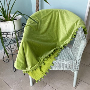 Lime Green Blanket,Green Velvet Throw, Orange Velvet Blanket, Luxury Velvet Throw, Pompom Throw,Lime Velvet Blanket, Home Gift,Orange Throw,
