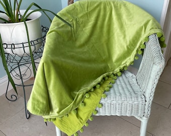 Coperta verde lime, coperta in velluto verde, coperta in velluto arancione, coperta in velluto di lusso, coperta con pompon, coperta in velluto lime, regalo per la casa, coperta arancione,