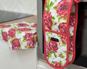 Floral Rose Print Double Oven Mitt, Quilted Cotton Kitchen Accessory