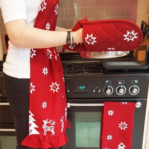 red christmas apron and tea towel