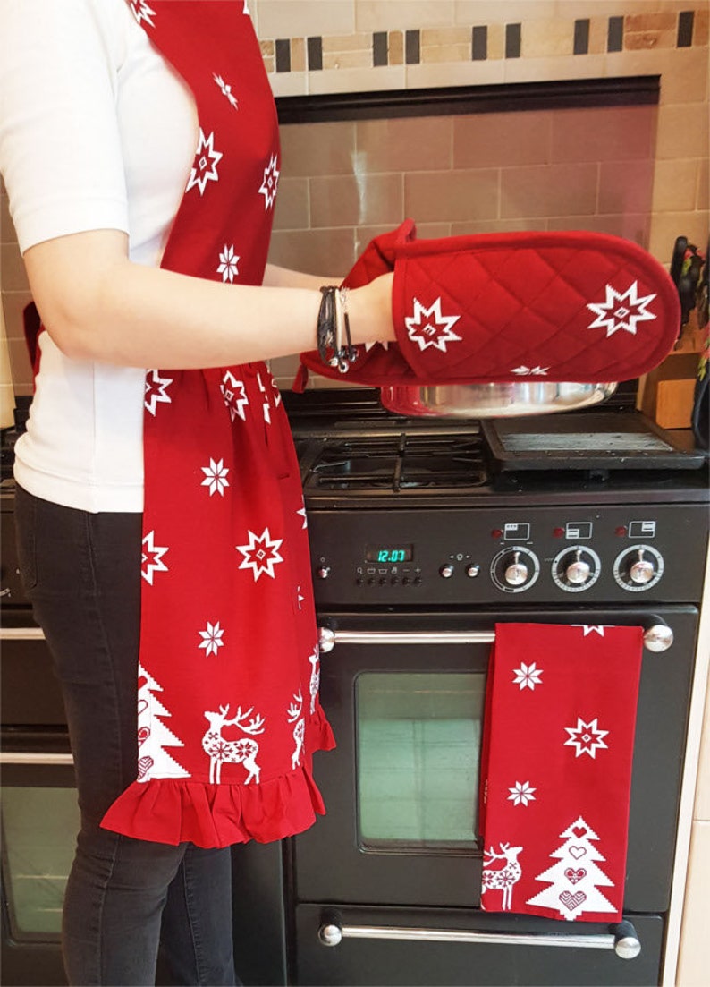 red christmas apron and tea towel