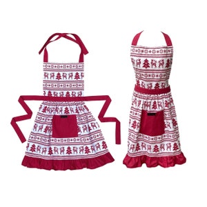 Weihnachtsschürze für Frauen, Rüschen Schürze, Retro-Weihnachtsschürze, Weihnachtsschürze mit Tasche, rote Schürze, nordische Schürze, Kochschürze, Geschenk für Gastgeberin