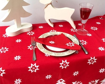Nordic Christmas Table Cloth, Cotton Tablecloth, Rectangle Table Cloth, Snowflake Table Cloth, Red Christmas Table Cloth, Grey Tablecloth