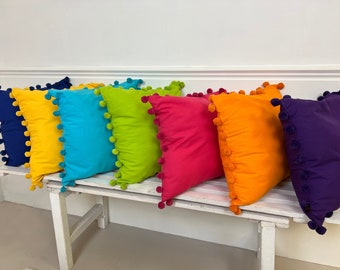 Bright Cushions, Pom Pom Cushion, Outdoor Cushions, Colorful Cushion, Pom Pom Pillows, Unique Garden Decor, Outside Cushions, Square Cushion
