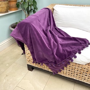 Purple Throw, Velvet Throws, Pink Velvet Throw Blanket, Pompom Throw, Velvet Sofa Blankets, Purple Sofa Throw, Fuchsia Blanket,