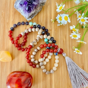 Desert Lizard Mala Necklace: Carnelian, Sandalwood & Amethyst Gemstones