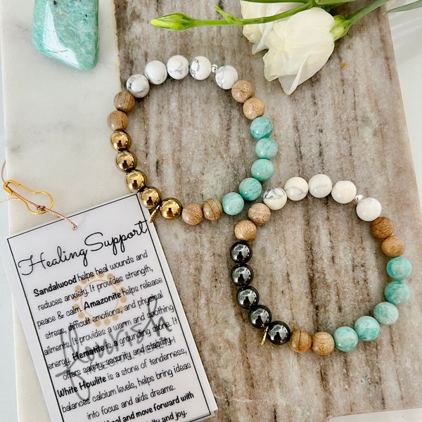 HEALING SUPPORT Gemstone Bracelet\Beaded Stretch Bracelet\Gift for Healing Patient\Crystal Healing Bracelet\Yogi Bracelet\Amazonite Hematite