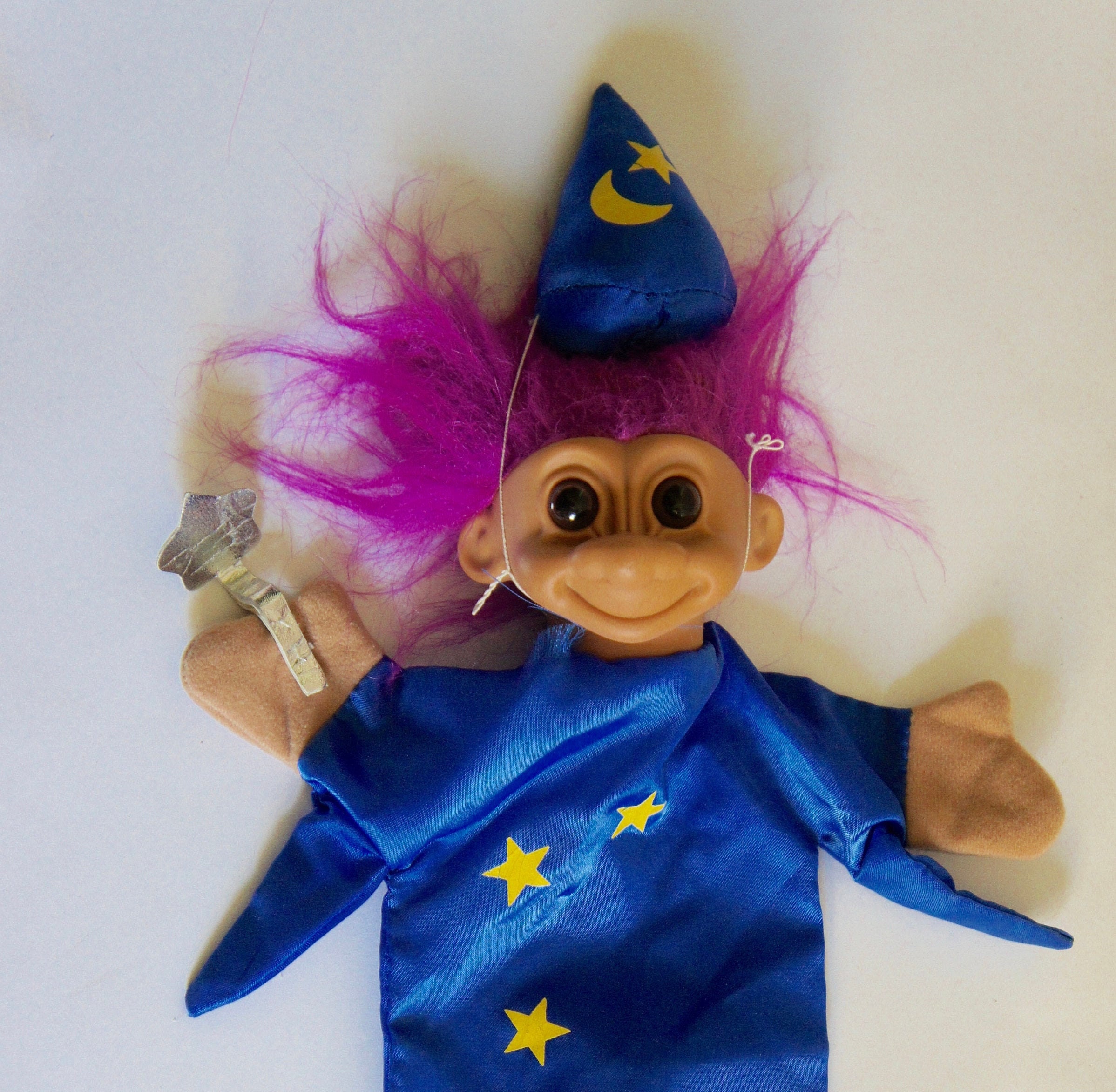Toys Toys & Games Hand Puppet Figure With Hat And Wand Doll Vintage Retro Purple Hair Wizard