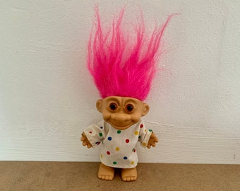 Rare, Vintage, 1990s, Lucky, Good Luck, Troll, Doll, Figure, Pink Hair, Rainbow Polkadot, Shirt, Childhood, Retro, Collectible, Present, Son