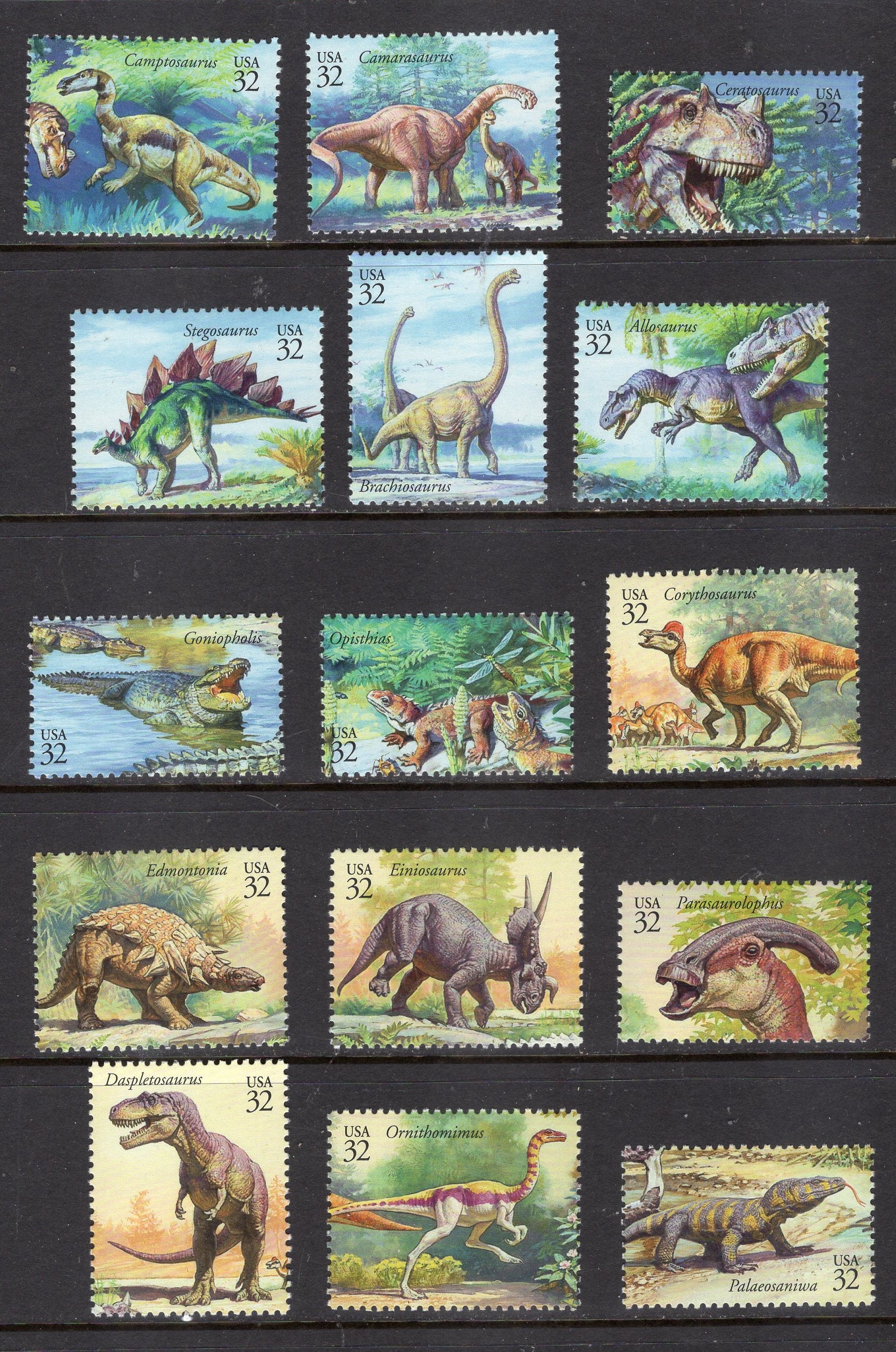 15 DINOSAUR USA STAMPS Depicting the World of Dinosaurs Unused, Fresh
