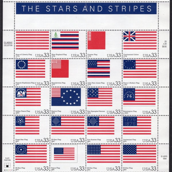 20 Different 33c FLAGS US Postage Stamps in Blocks - Unused, Bright, Post Office Fresh - Vintage 2000 - Stock# 3403 -Free USA Shipping.