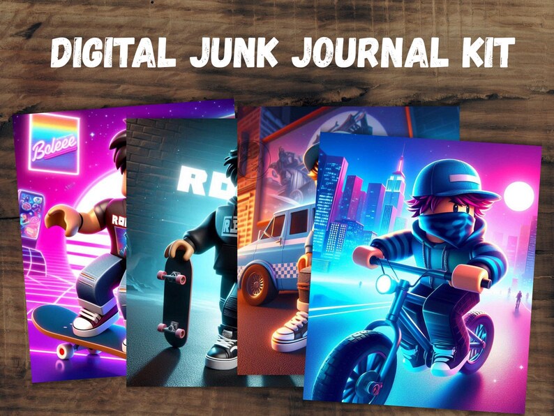 May include: Digital Junk Journal Kit with vibrant illustrations. The images feature a skater, a person with a skateboard, a van, and a person riding a bike, all in a neon-lit, urban setting. The text "DIGITAL JUNK JOURNAL KIT" is at the top.