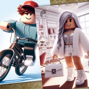 May include: Two images side-by-side. The first shows a cartoon character riding a black bicycle, wearing a red cap and blue hoodie. The second image shows a cartoon character in a white fur coat, shorts, and boots, holding a white purse.