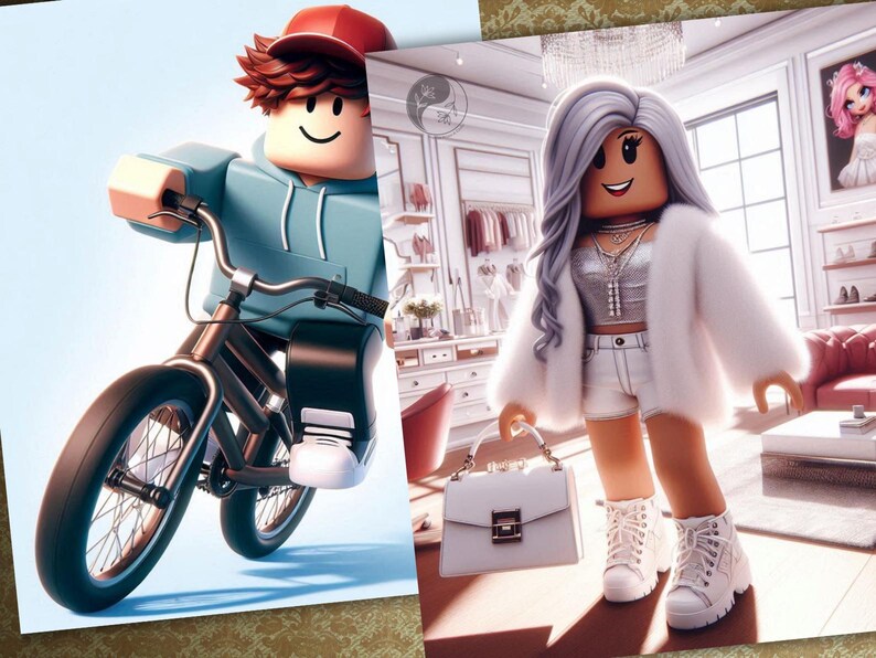May include: Two images side-by-side. The first shows a cartoon character riding a black bicycle, wearing a red cap and blue hoodie. The second image shows a cartoon character in a white fur coat, shorts, and boots, holding a white purse.