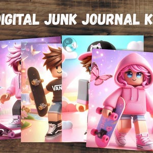 May include: Digital Junk Journal Kit with illustrations of cartoon characters with skateboards. The characters are wearing hoodies and sneakers. The background is a dreamy pink and purple color with butterflies.