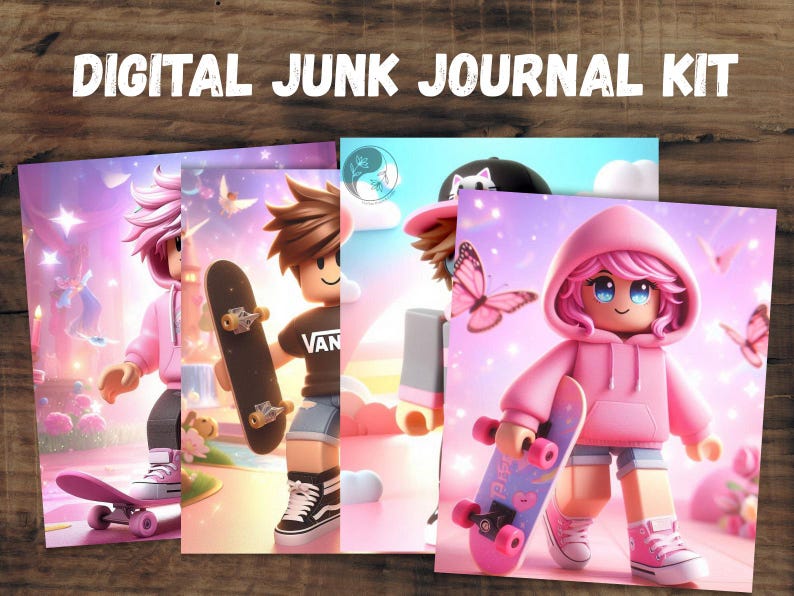 May include: Digital Junk Journal Kit with illustrations of cartoon characters with skateboards. The characters are wearing hoodies and sneakers. The background is a dreamy pink and purple color with butterflies.