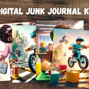 May include: Digital Junk Journal Kit with illustrations of a woman with a purse, a person on a motorcycle, and a person on a bicycle. The images have a cartoon style with bright colors and are set against urban backgrounds. The text "DIGITAL JUNK JOURNAL KIT" is at the top.