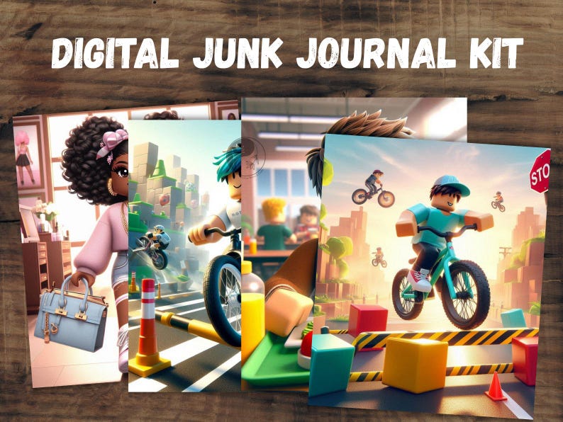 May include: Digital Junk Journal Kit with illustrations of a woman with a purse, a person on a motorcycle, and a person on a bicycle. The images have a cartoon style with bright colors and are set against urban backgrounds. The text "DIGITAL JUNK JOURNAL KIT" is at the top.