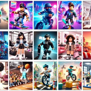 May include: A collage of digital art featuring Roblox characters in various settings. Characters are shown skateboarding, riding bikes, and in urban environments. The artwork uses vibrant colors and a stylized aesthetic, with some images including the Roblox logo.