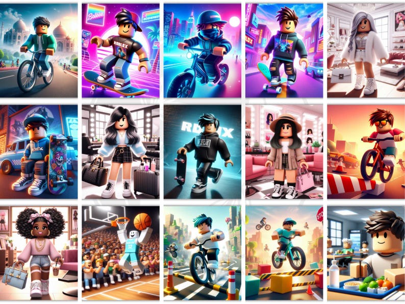 May include: A collage of digital art featuring Roblox characters in various settings. Characters are shown skateboarding, riding bikes, and in urban environments. The artwork uses vibrant colors and a stylized aesthetic, with some images including the Roblox logo.
