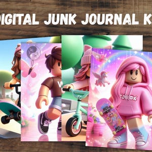 May include: Digital Junk Journal Kit with four colorful illustrations. The illustrations feature cartoon characters with skateboards, bikes, and unicorns. The text "DIGITAL JUNK JOURNAL KIT" is at the top of the image.