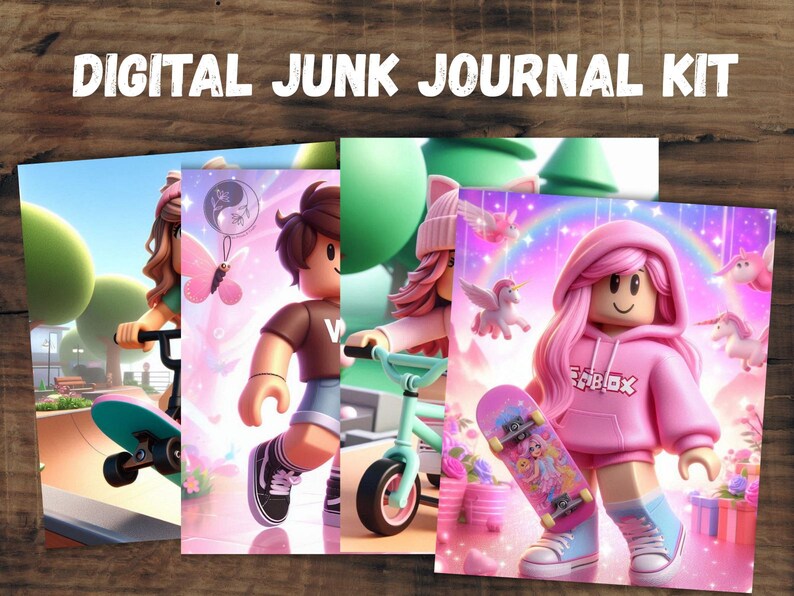 May include: Digital Junk Journal Kit with four colorful illustrations. The illustrations feature cartoon characters with skateboards, bikes, and unicorns. The text "DIGITAL JUNK JOURNAL KIT" is at the top of the image.