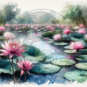 50 Kit de arte digital para impressão de arte de lagoa de lótus pintada à mão Download digital instantâneo Imagens vintage Scrapbooking Diário Cartão Making