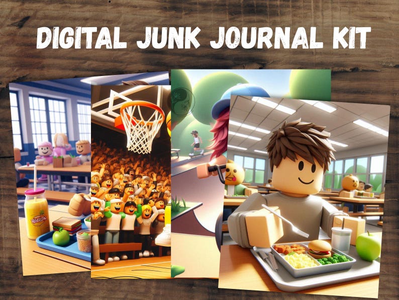 May include: Digital Junk Journal Kit text in white on a wooden background. The image shows a collage of cartoon images of school scenes, including a basketball game, a cafeteria, and students.