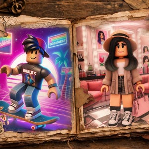 May include: A vintage book open to two illustrated pages. One page features a Roblox character on a skateboard, the other a character in a pink room. The book is held by hands, with the word "memories" visible.