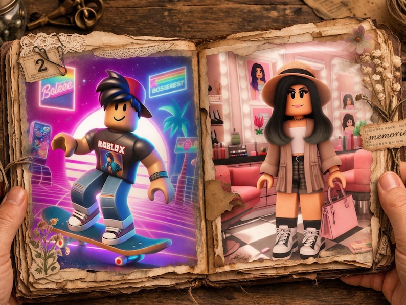 May include: A vintage book open to two illustrated pages. One page features a Roblox character on a skateboard, the other a character in a pink room. The book is held by hands, with the word "memories" visible.